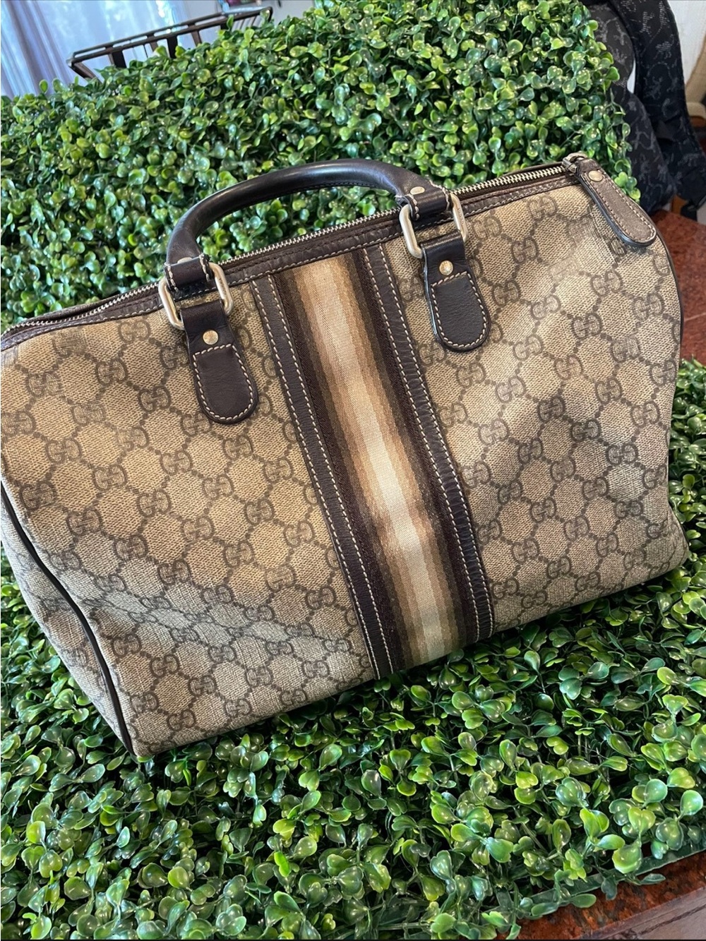 Gucci Beige Brown Monogram Duffel with Striped Center
